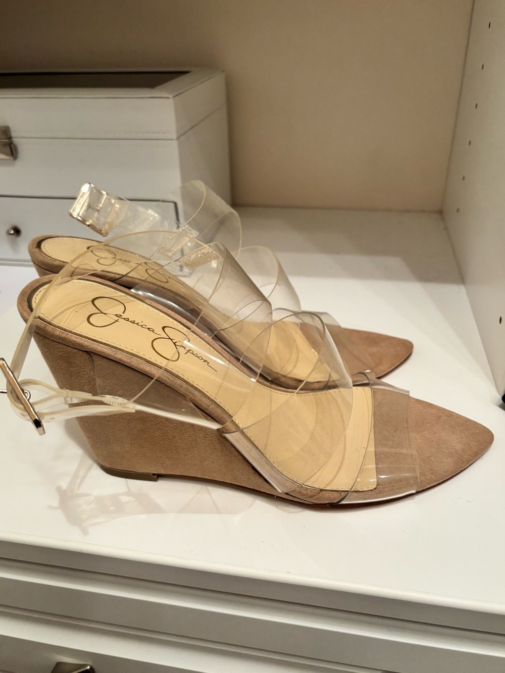 Jessica Simpson Clear-Strap Tan Suede Wedge Sandals - Picture 6 of 6